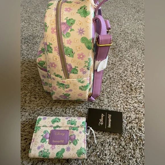 Loungefly Disney Tangled Rapunzel & Pascal Flowers AOP Mini Backpack & Wallet